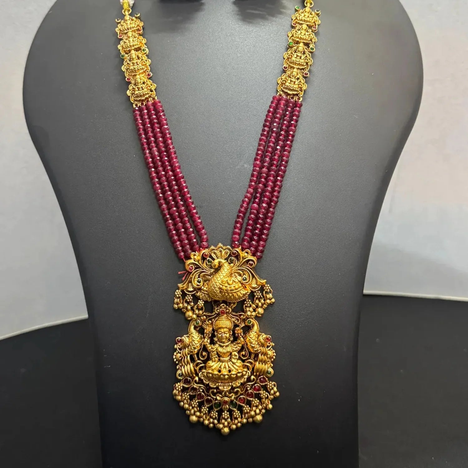 Lakshmi Temple Red Beads Long Necklace Set