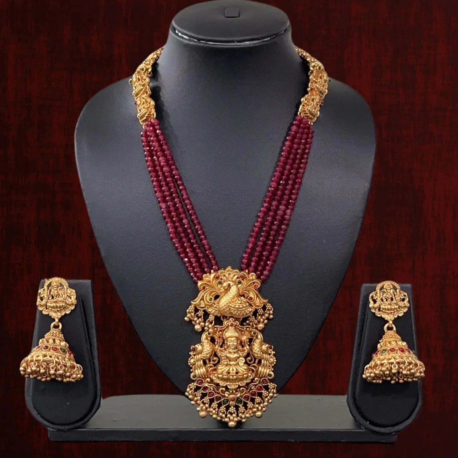 Lakshmi Temple Red Beads Long Necklace Set
