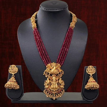 Lakshmi Temple Red Beads Long Necklace Set