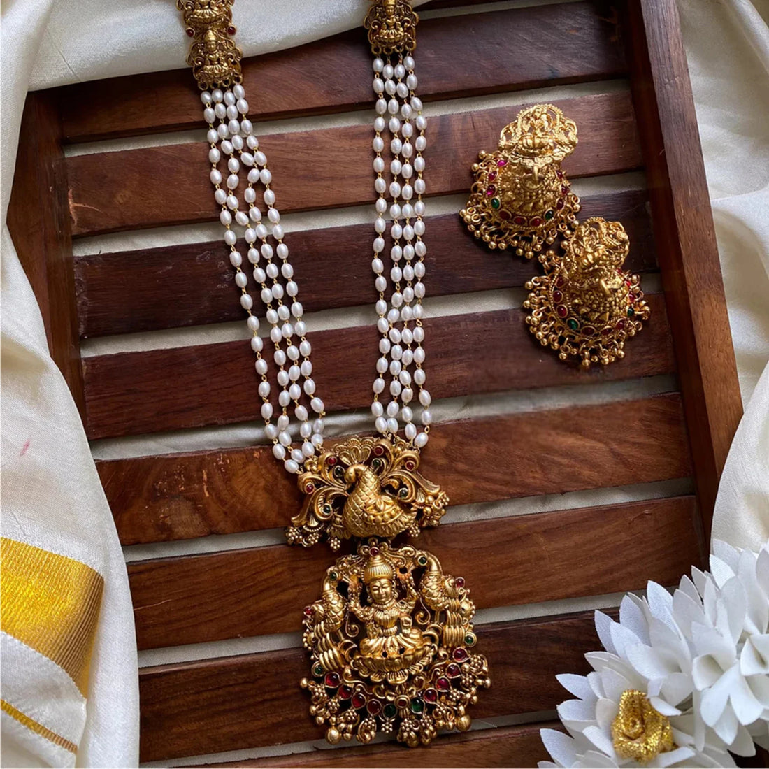 Lakshmi Temple White Pearl Long Necklace Set
