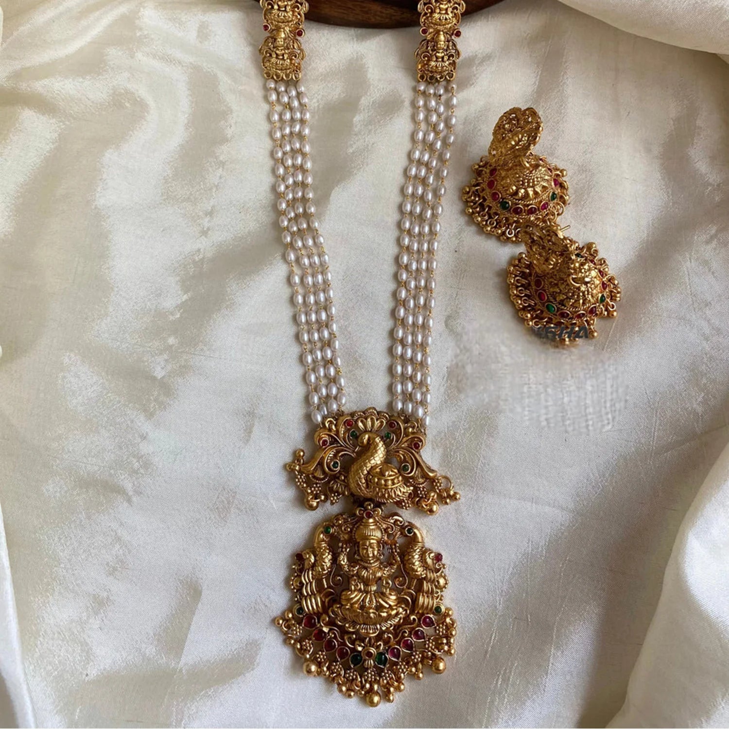 Lakshmi Temple White Pearl Long Necklace Set