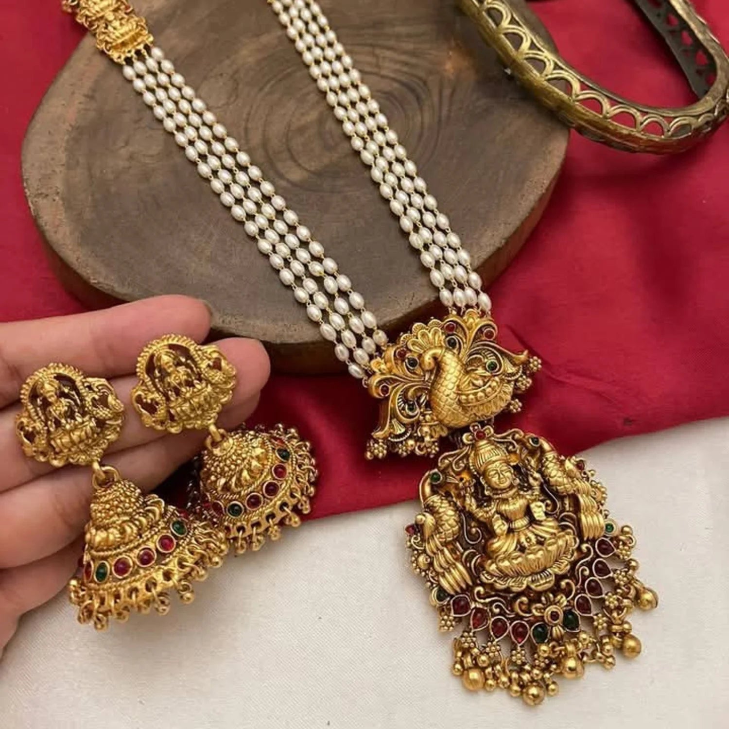 Lakshmi Temple White Pearl Long Necklace Set