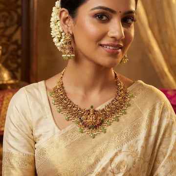 Temple Lakshmi Green Stone South Indian Necklace Set