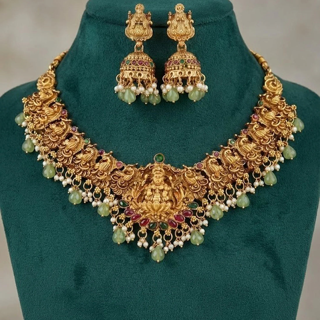 Temple Lakshmi Green Stone South Indian Necklace Set