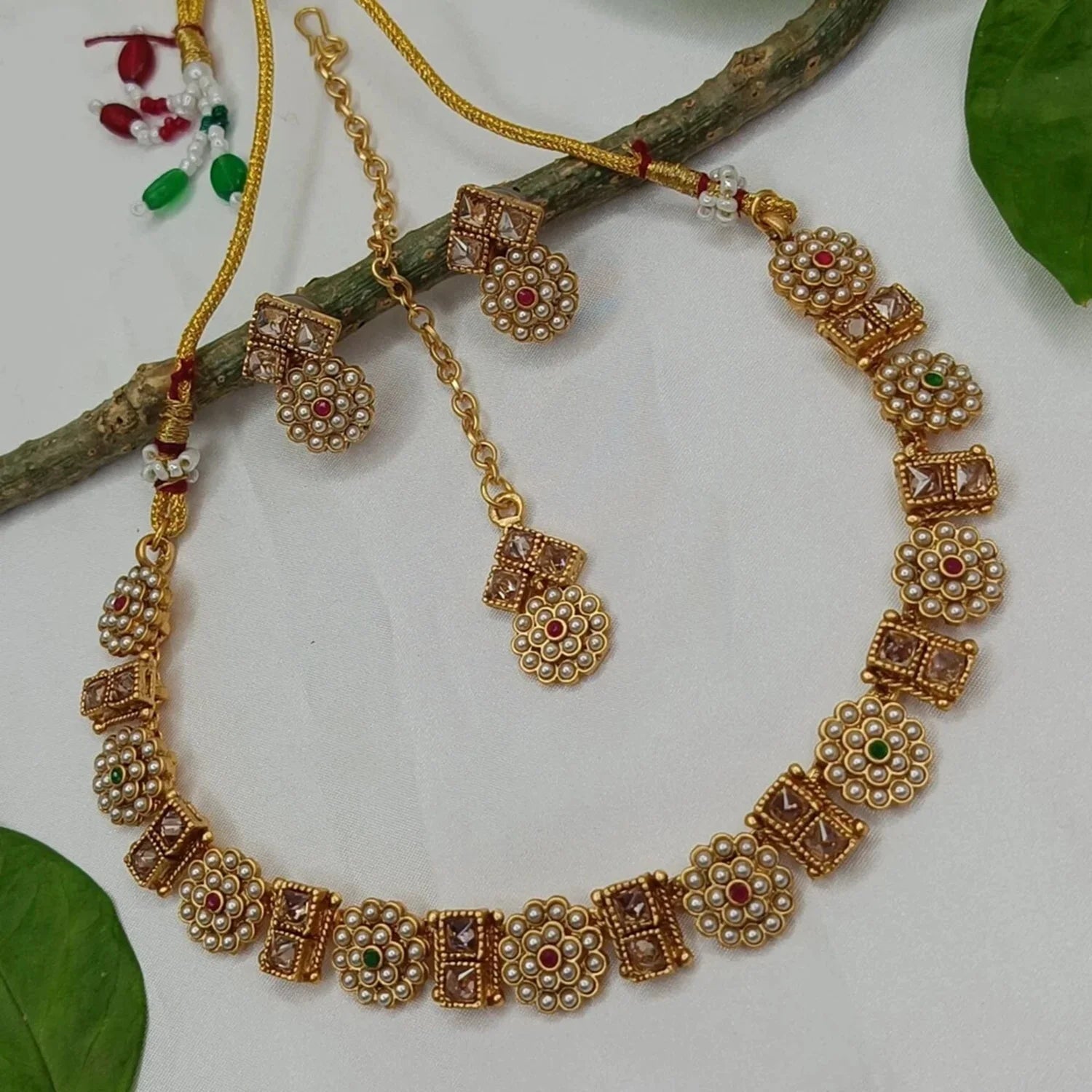 Pearl Floral Antique Gold South Indian Necklace Set