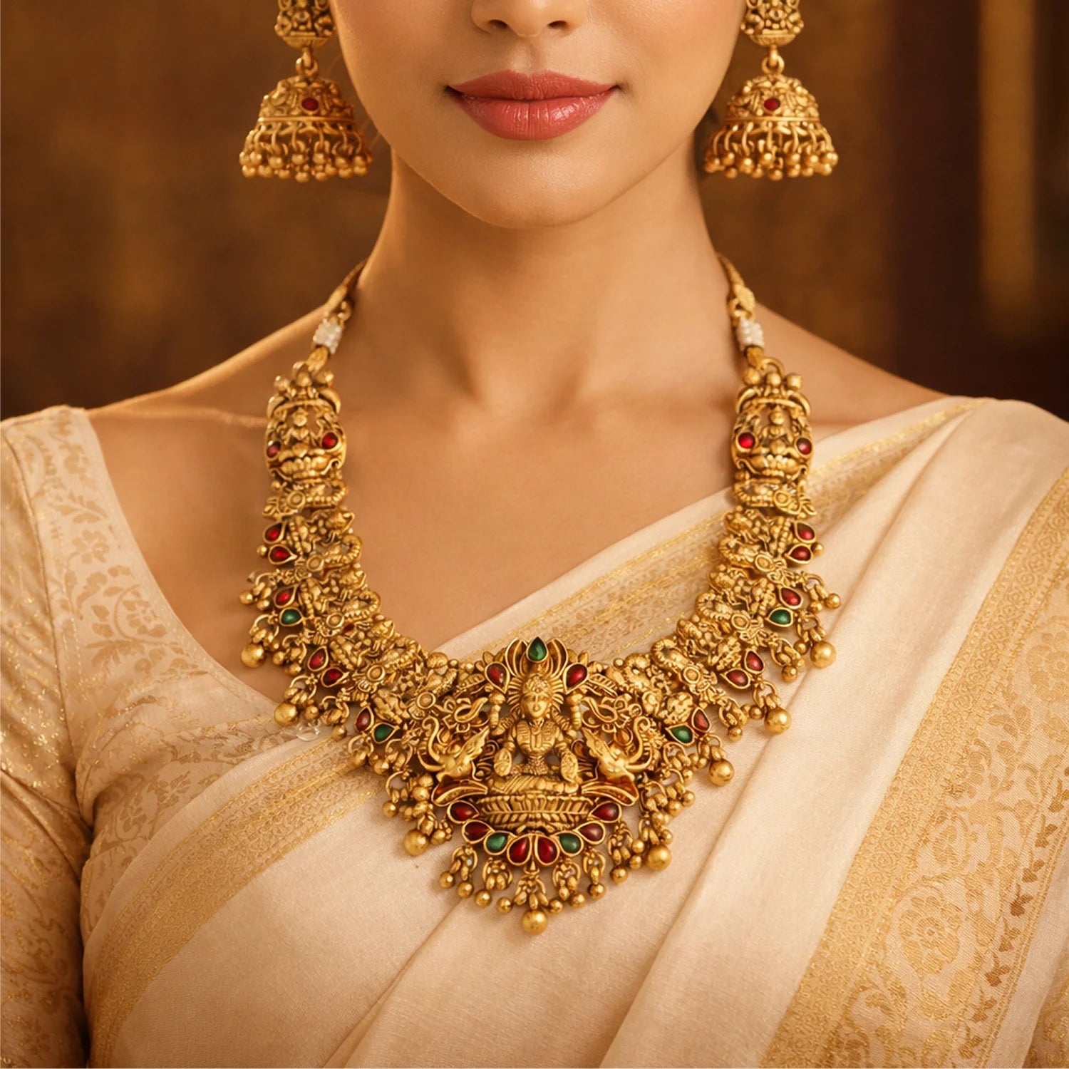 Lakshmi Temple Bridal Antique Gold Necklace Set