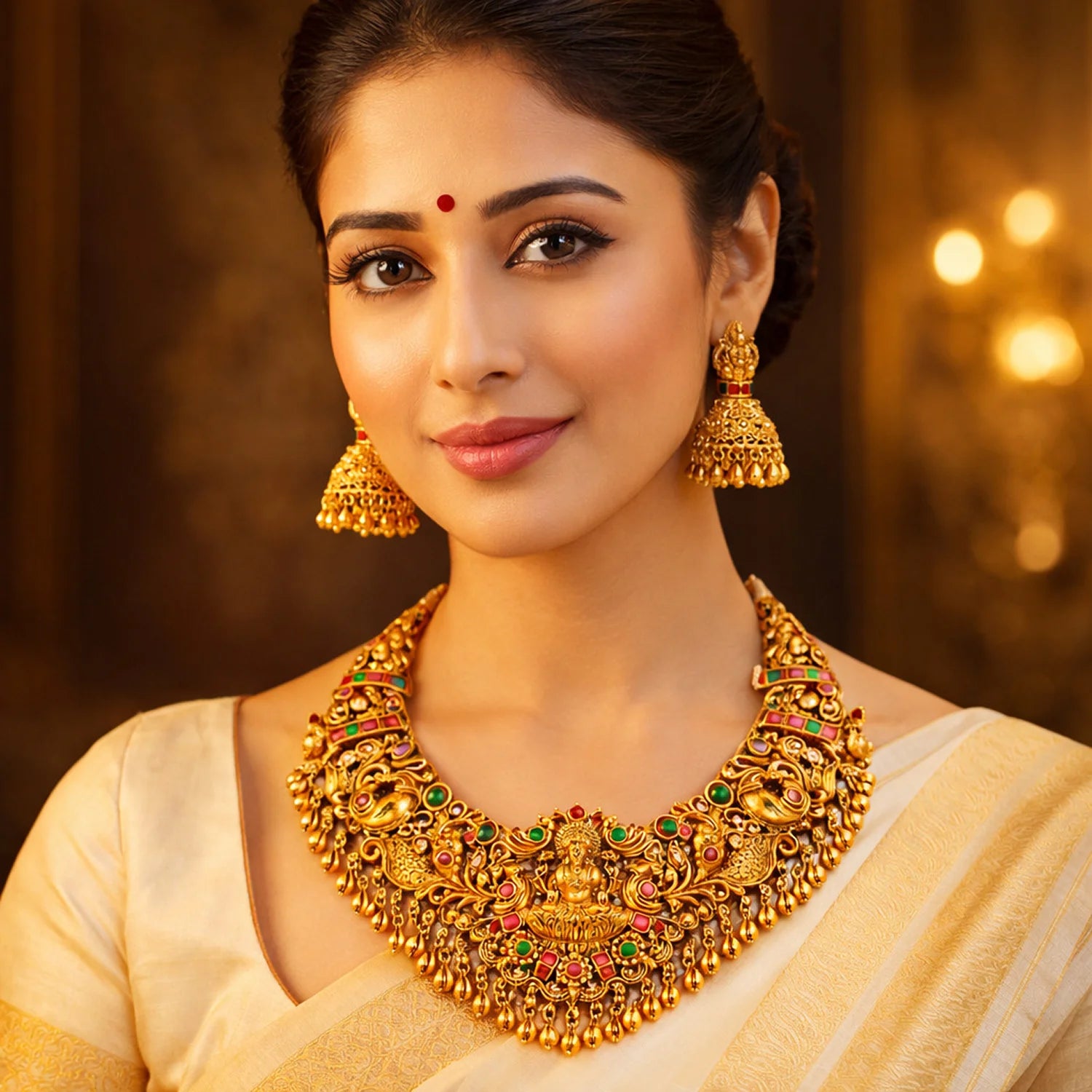 Lakshmi Temple Green Stone Bridal Necklace Set