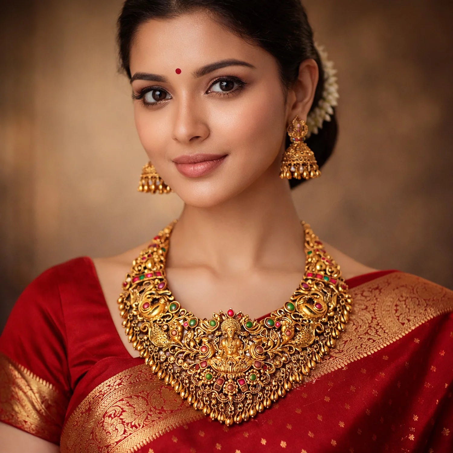 Lakshmi Temple Green Stone Bridal Necklace Set