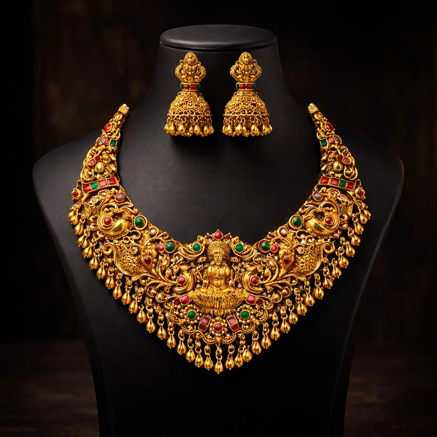 Lakshmi Temple Green Stone Bridal Necklace Set