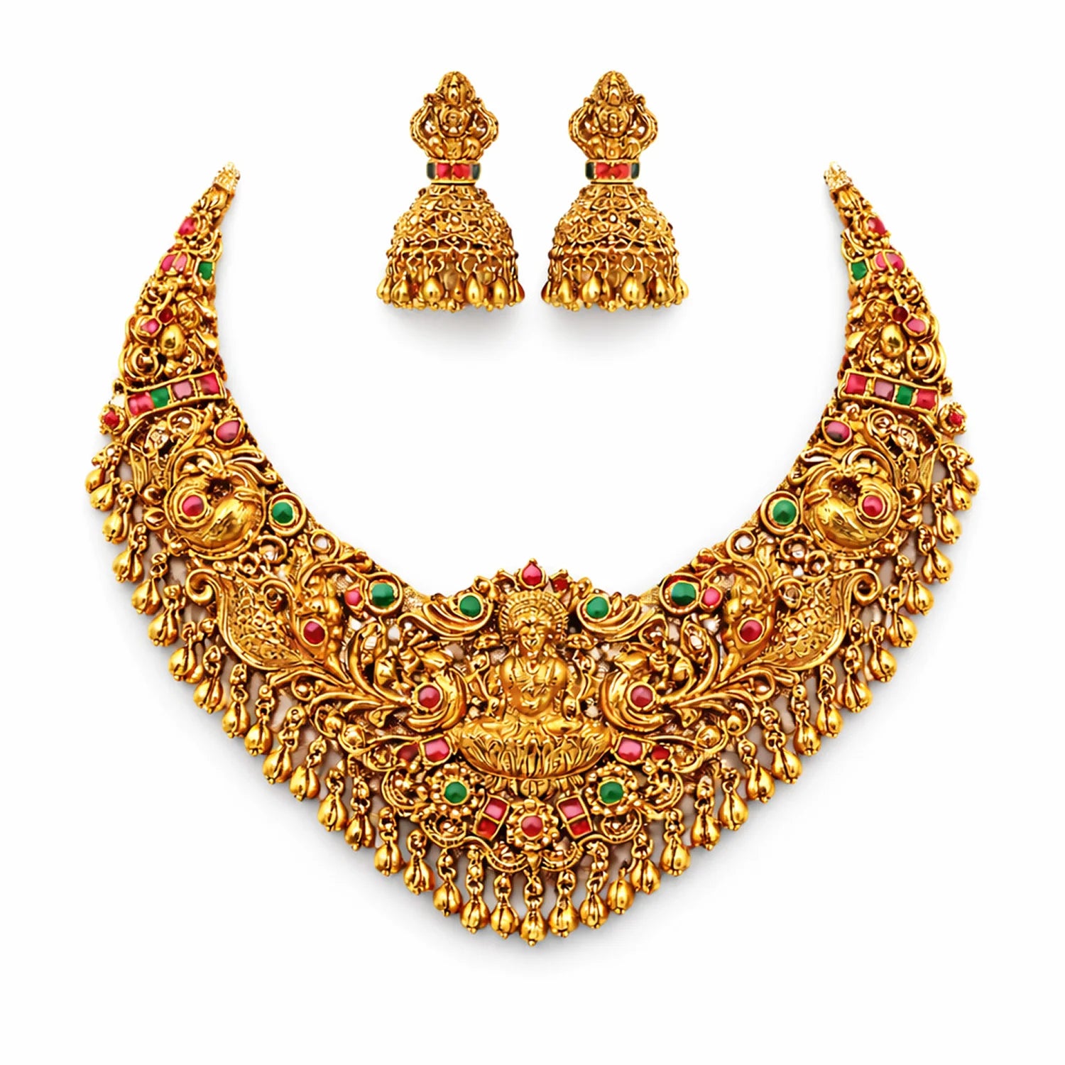 Lakshmi Temple Green Stone Bridal Necklace Set
