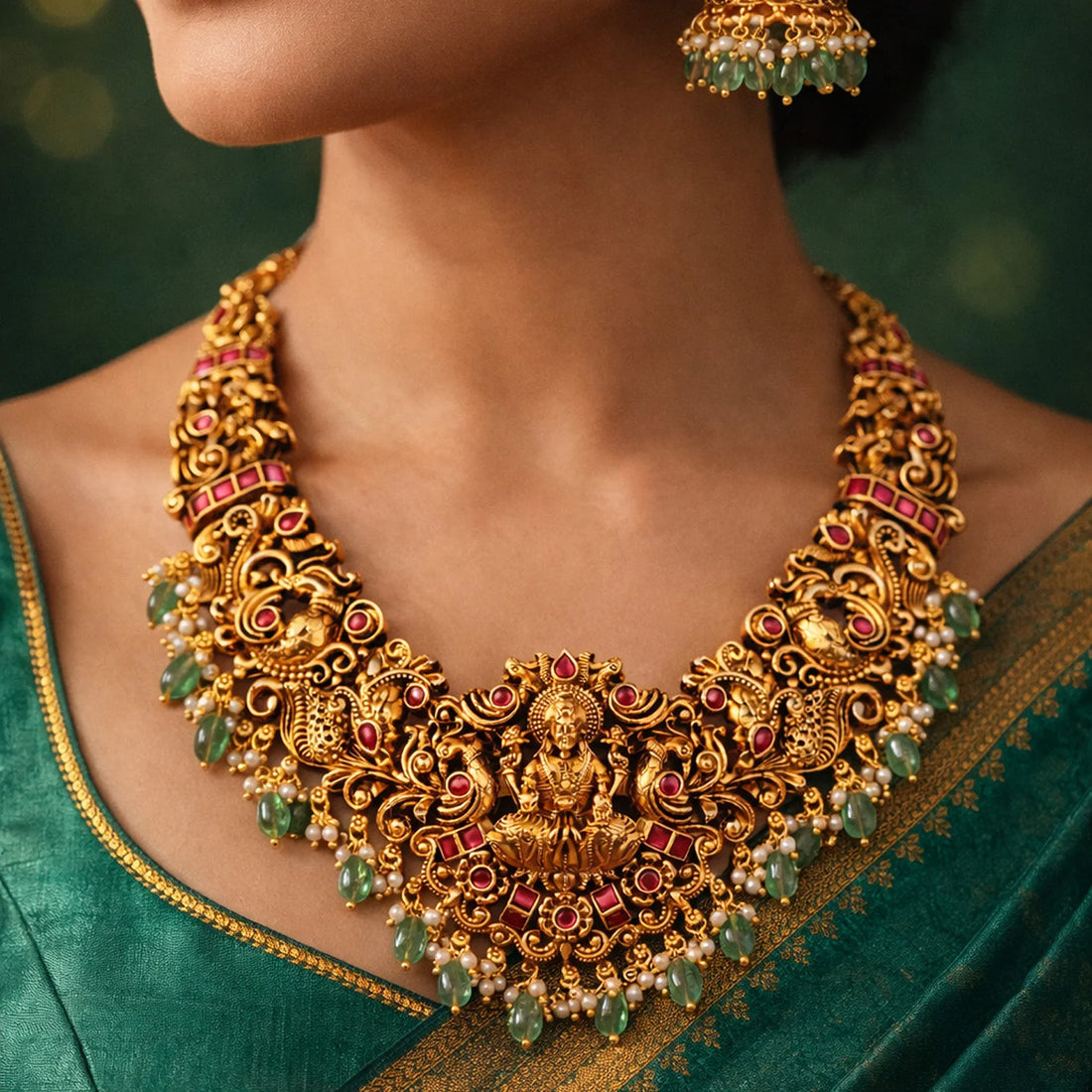 Lakshmi Temple Green Beads South Indian Necklace Set