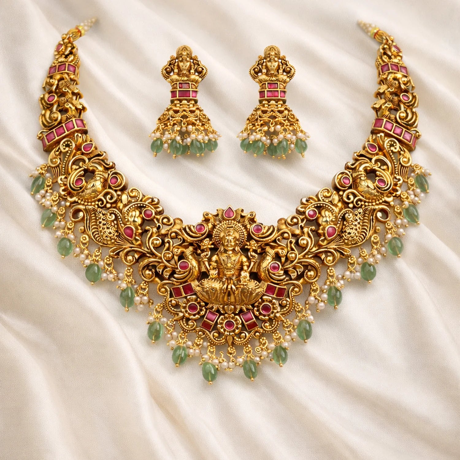 Lakshmi Temple Green Beads South Indian Necklace Set