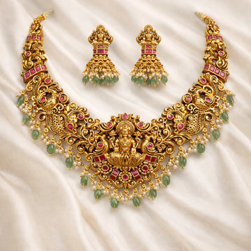 Lakshmi Temple Green Beads South Indian Necklace Set