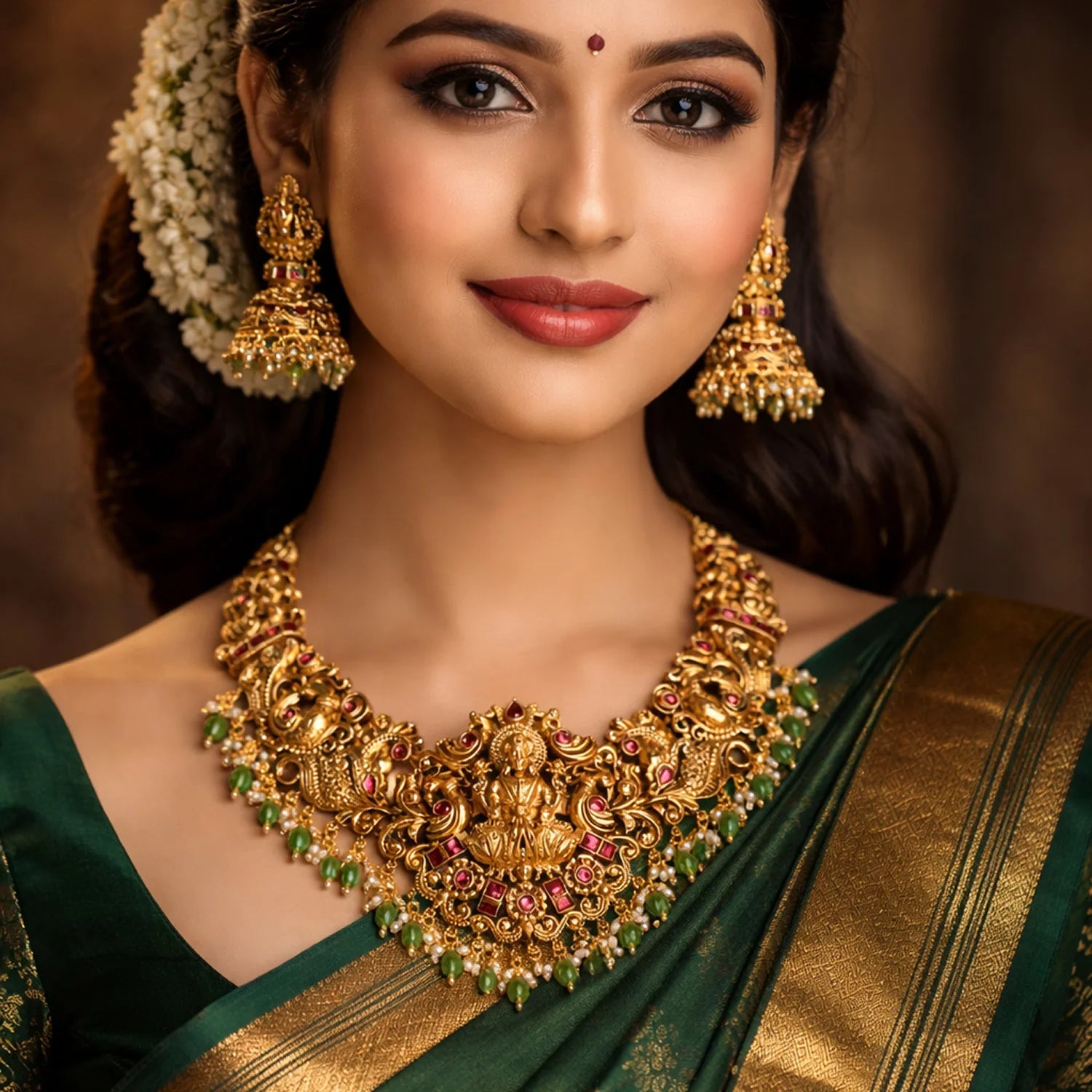 Lakshmi Temple Green Stone Bridal Necklace Set