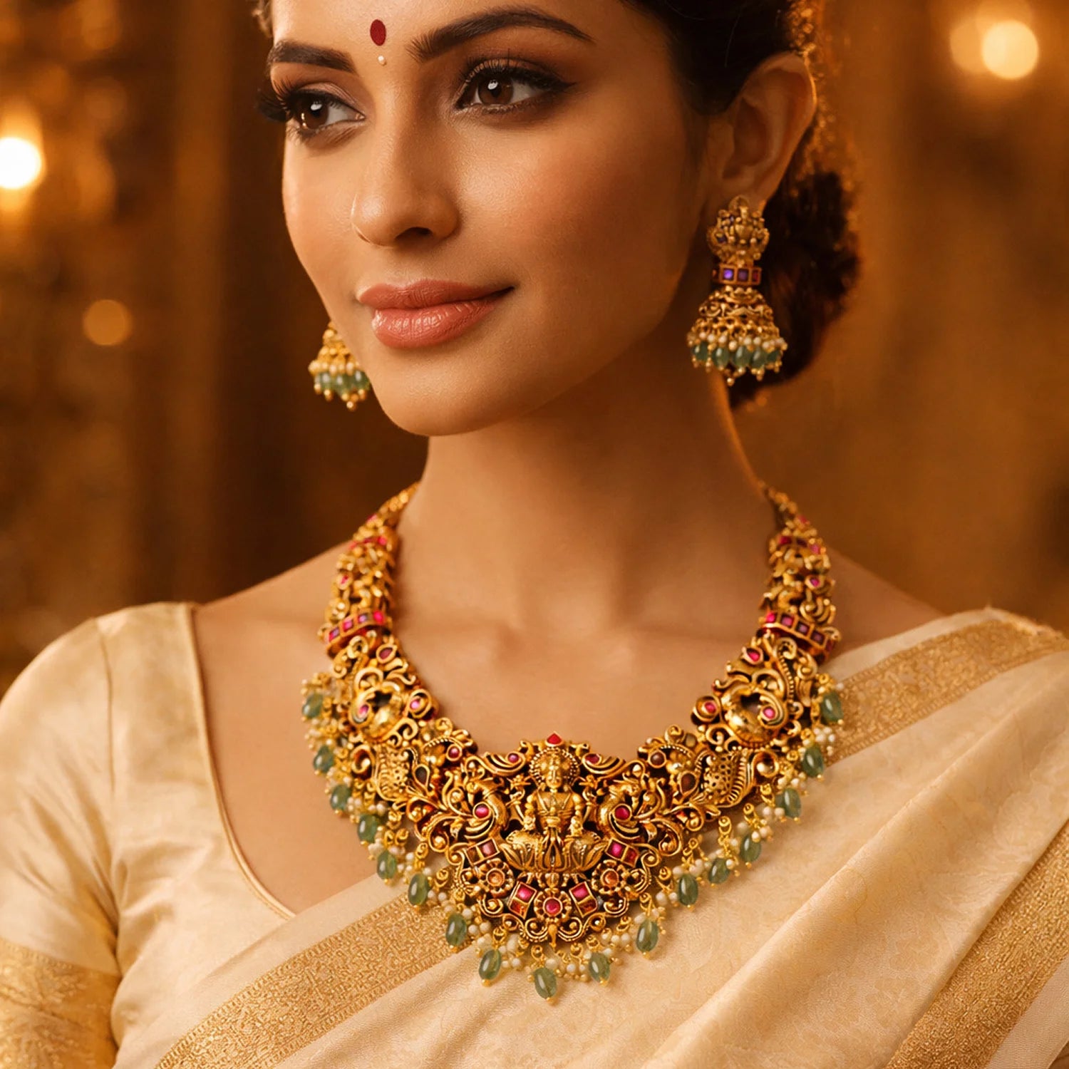 Lakshmi Temple Green Stone Bridal Necklace Set