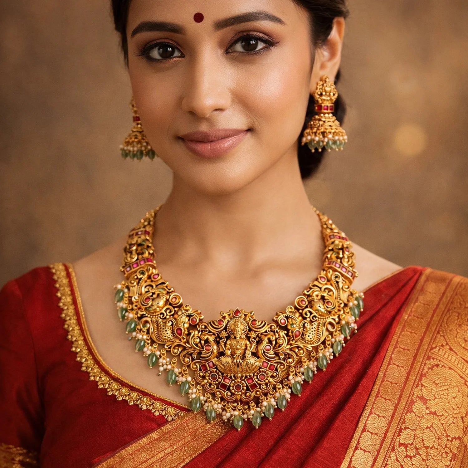 Lakshmi Temple Green Stone Bridal Necklace Set