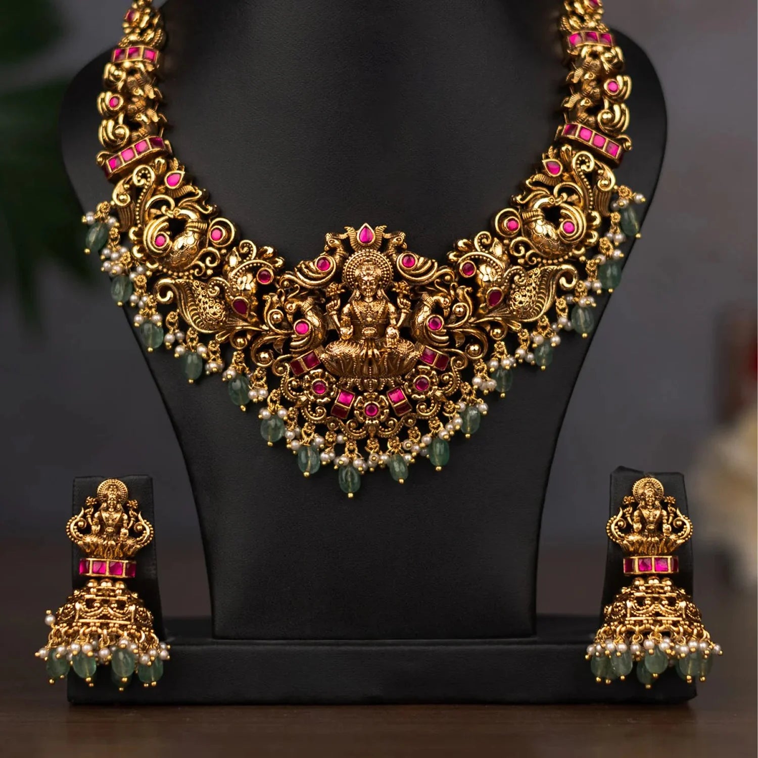 Lakshmi Temple Green Stone Bridal Necklace Set
