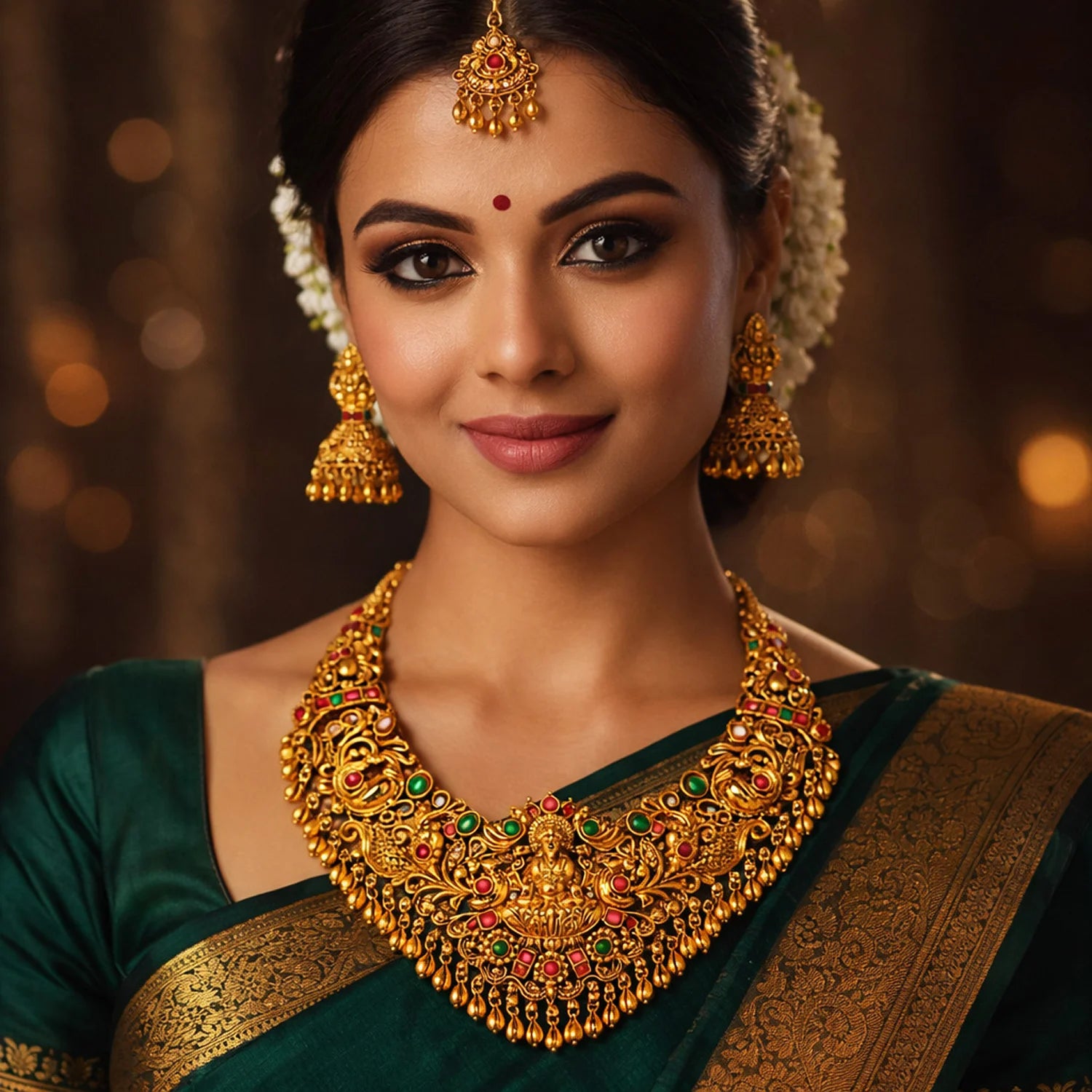 Lakshmi Temple Green Stone Bridal Necklace Set
