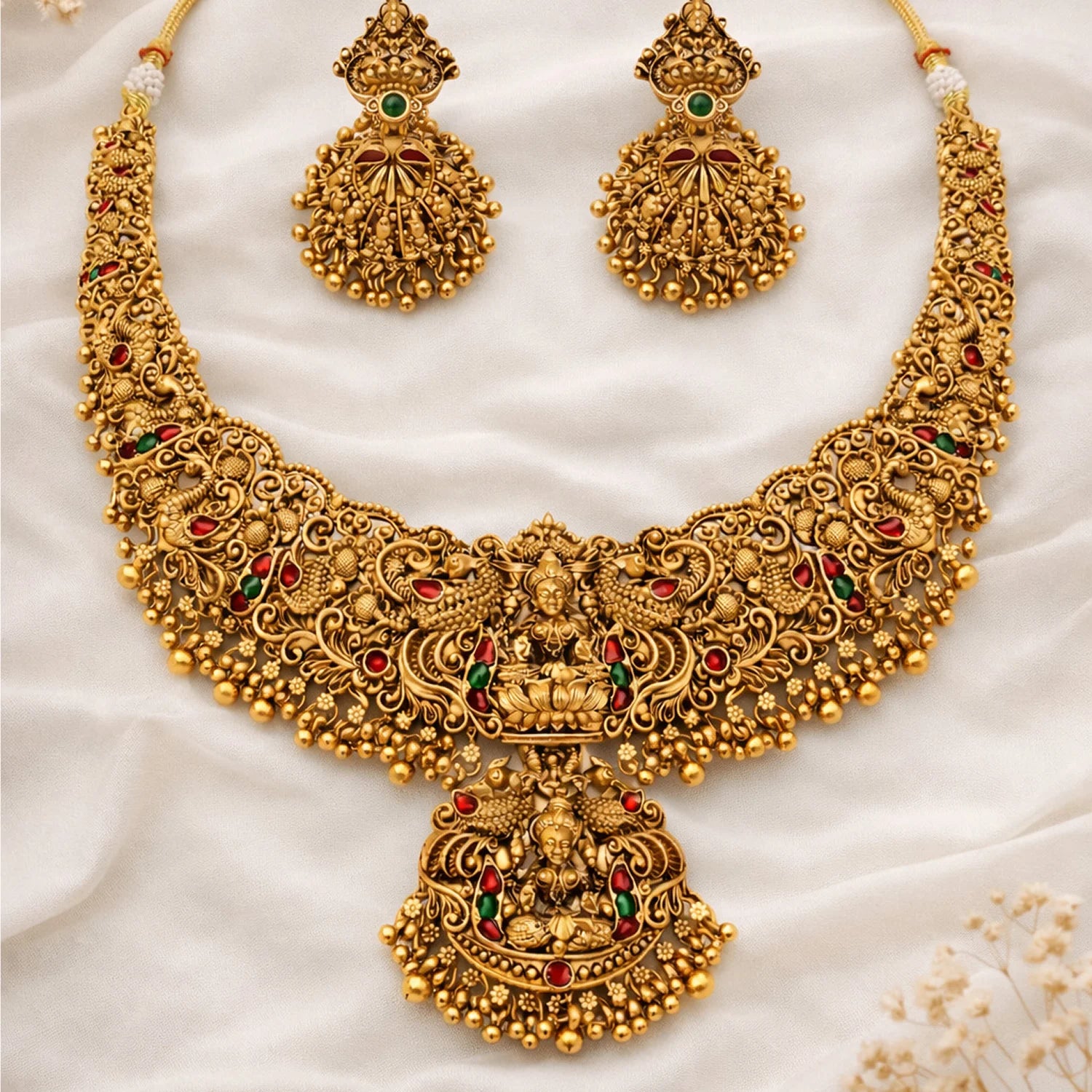 Temple Lakshmi Gold Plated South Indian Necklace Set