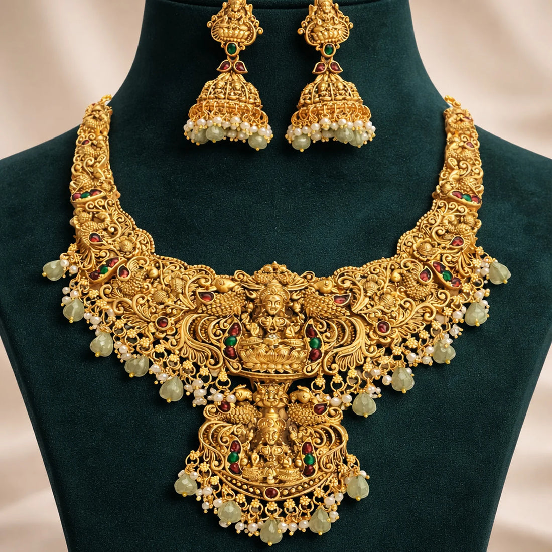 Lakshmi Green Stone Temple South Indian Necklace Set