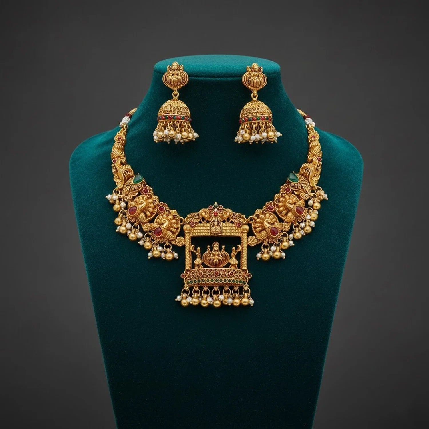 Temple Mandap Lakshmi Gold South Indian Necklace Set