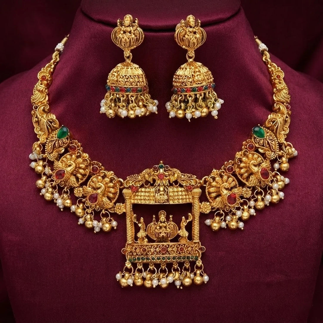 Temple Mandap Lakshmi Gold South Indian Necklace Set