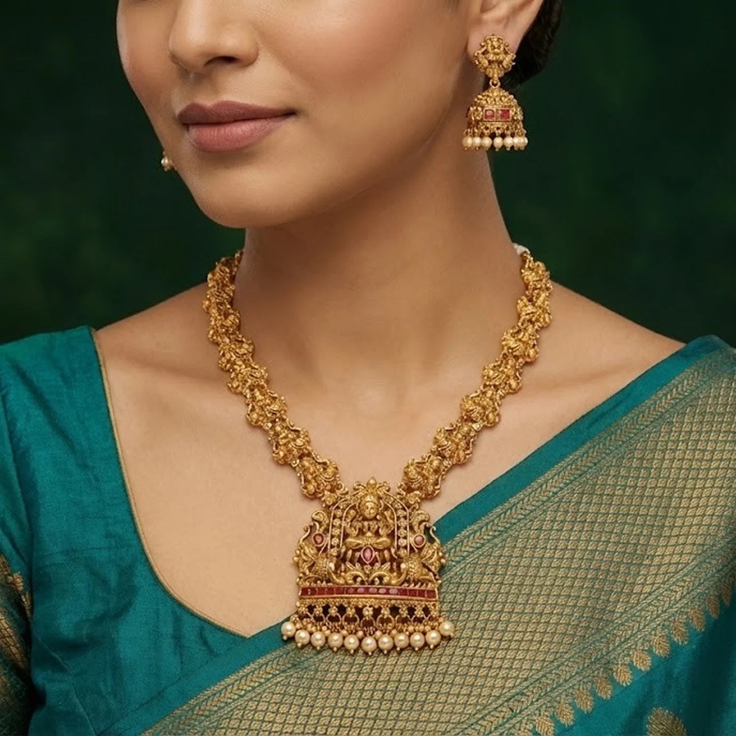 Temple Gold Plated South Indian Haram Necklace Set