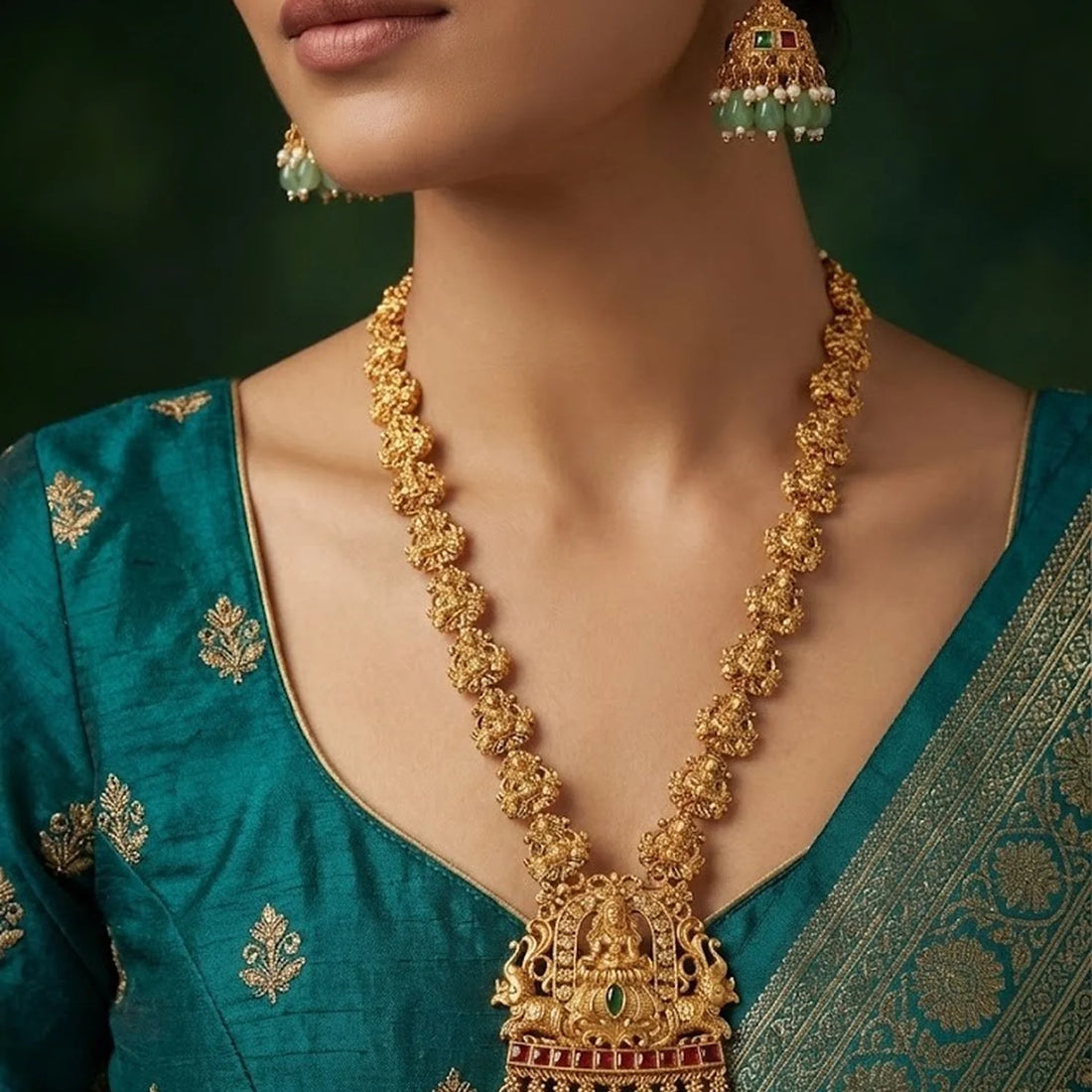 Temple Lakshmi Green Stone Long Necklace Set