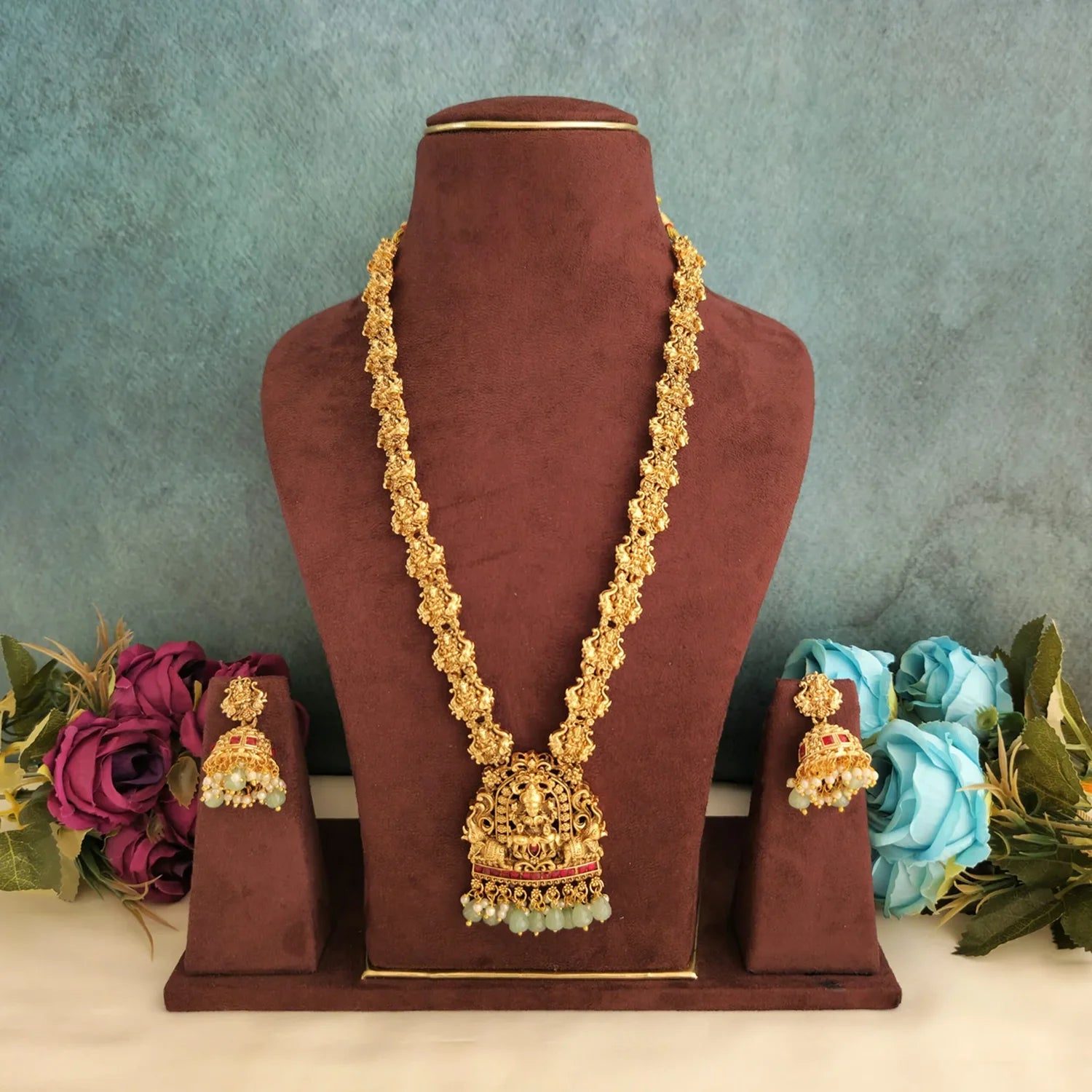 Temple Lakshmi Green Stone Long Necklace Set