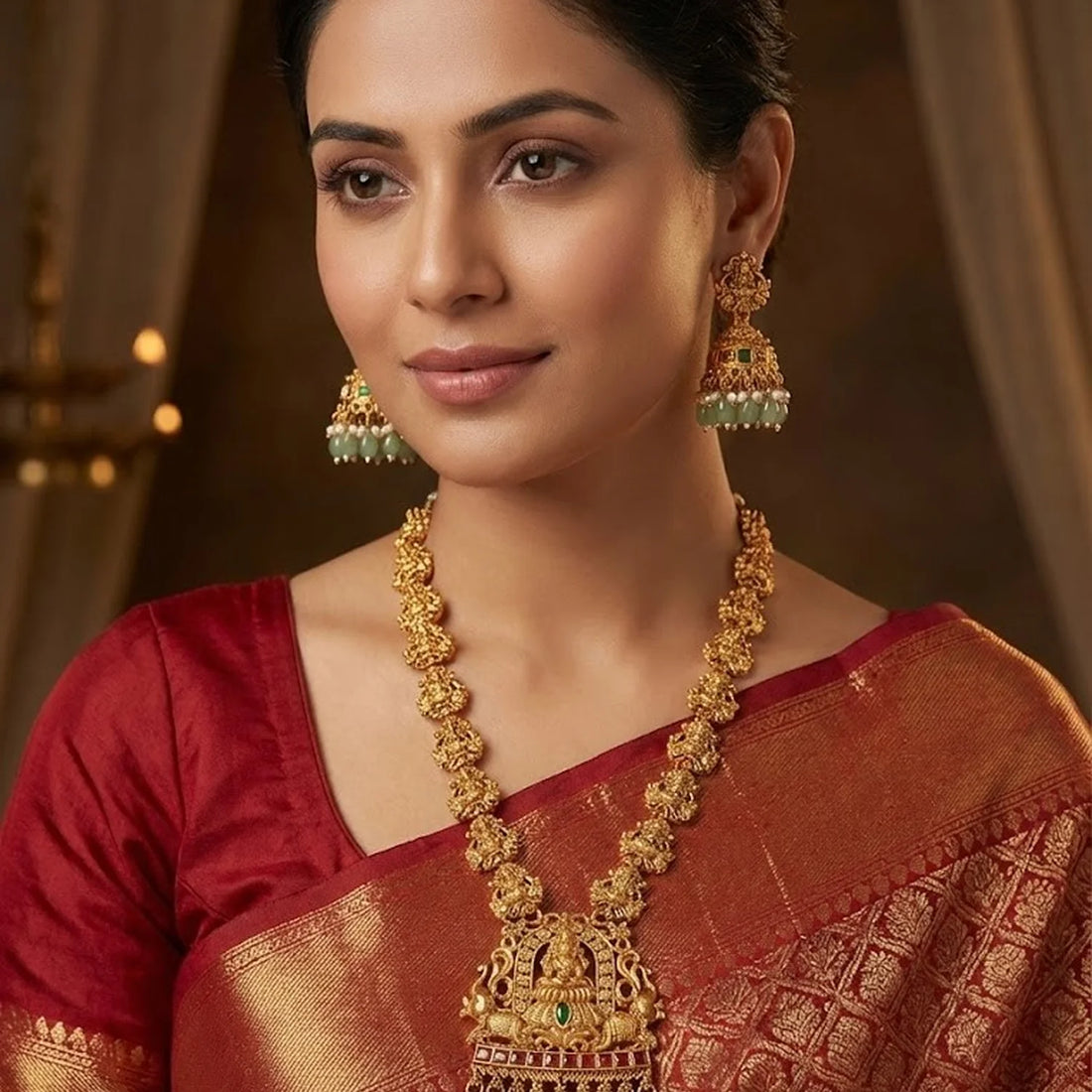 Temple Gold Plated South Indian Haram Necklace Set