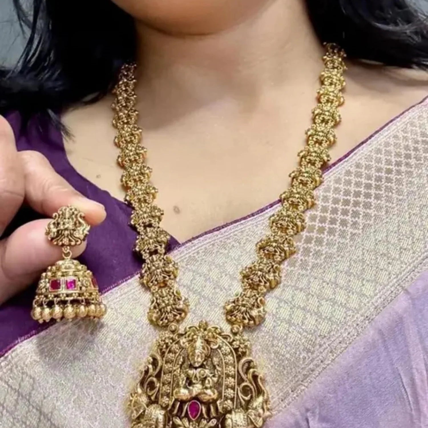Temple Gold Plated South Indian Haram Necklace Set