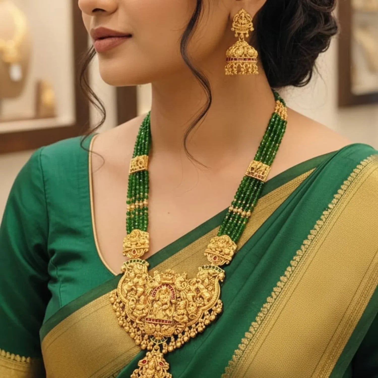Lakshmi Green Beaded Temple Long Necklace Set