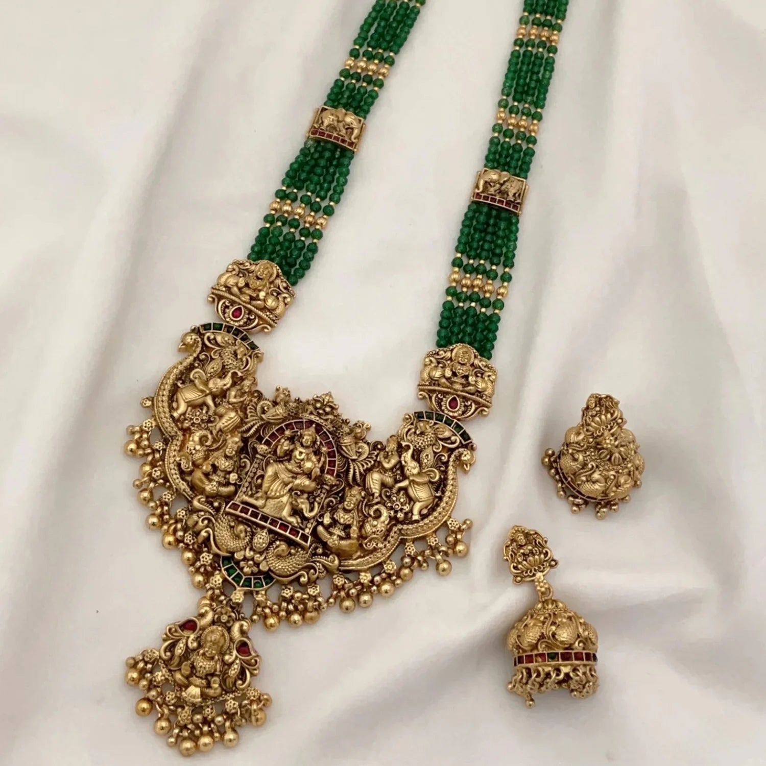 Lakshmi Green Beaded Temple Long Necklace Set