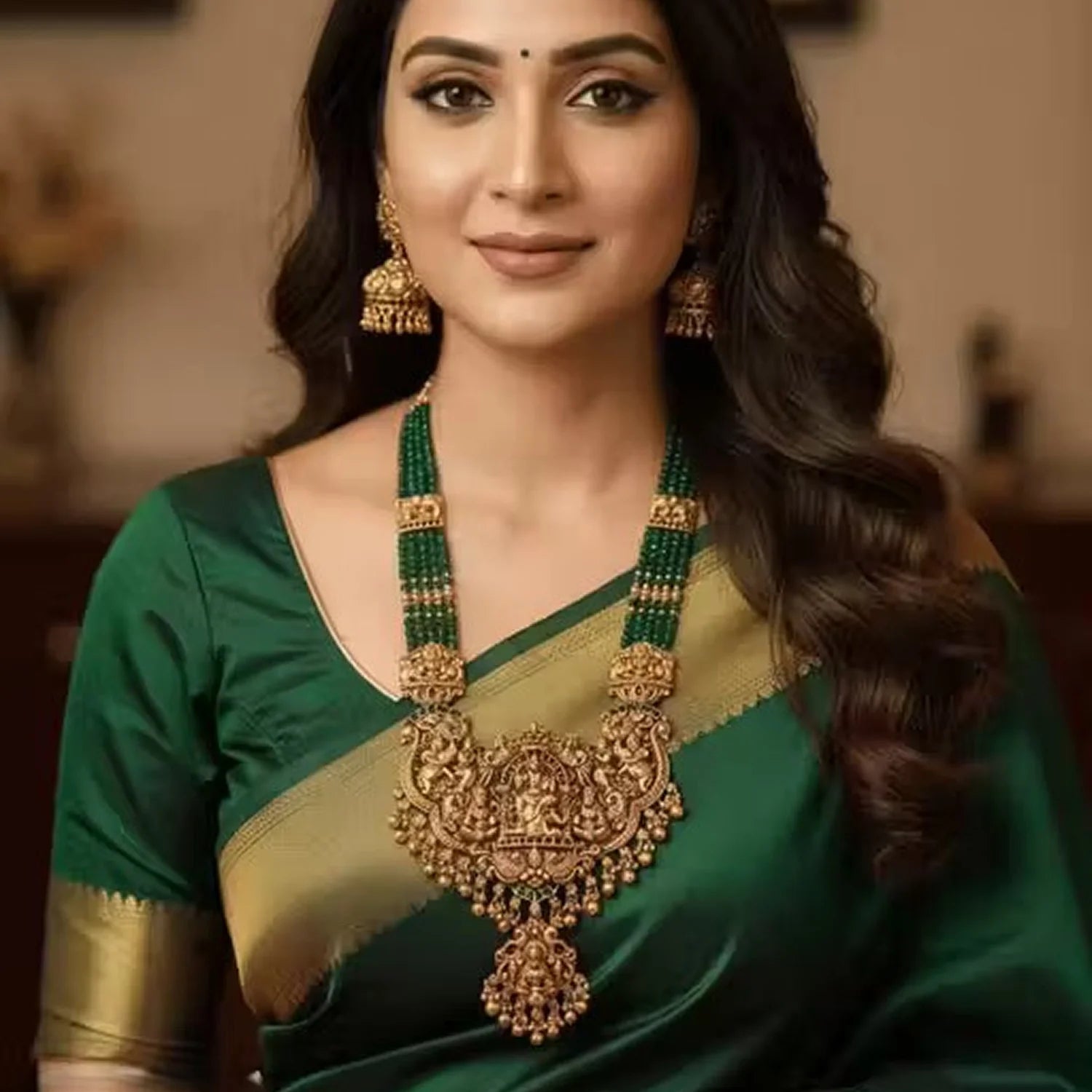 Lakshmi Green Beaded Temple Long Necklace Set