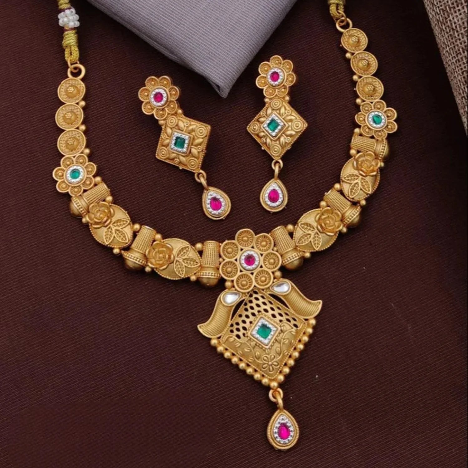 Rajwadi Antique Gold Plated South Indian Necklace Set