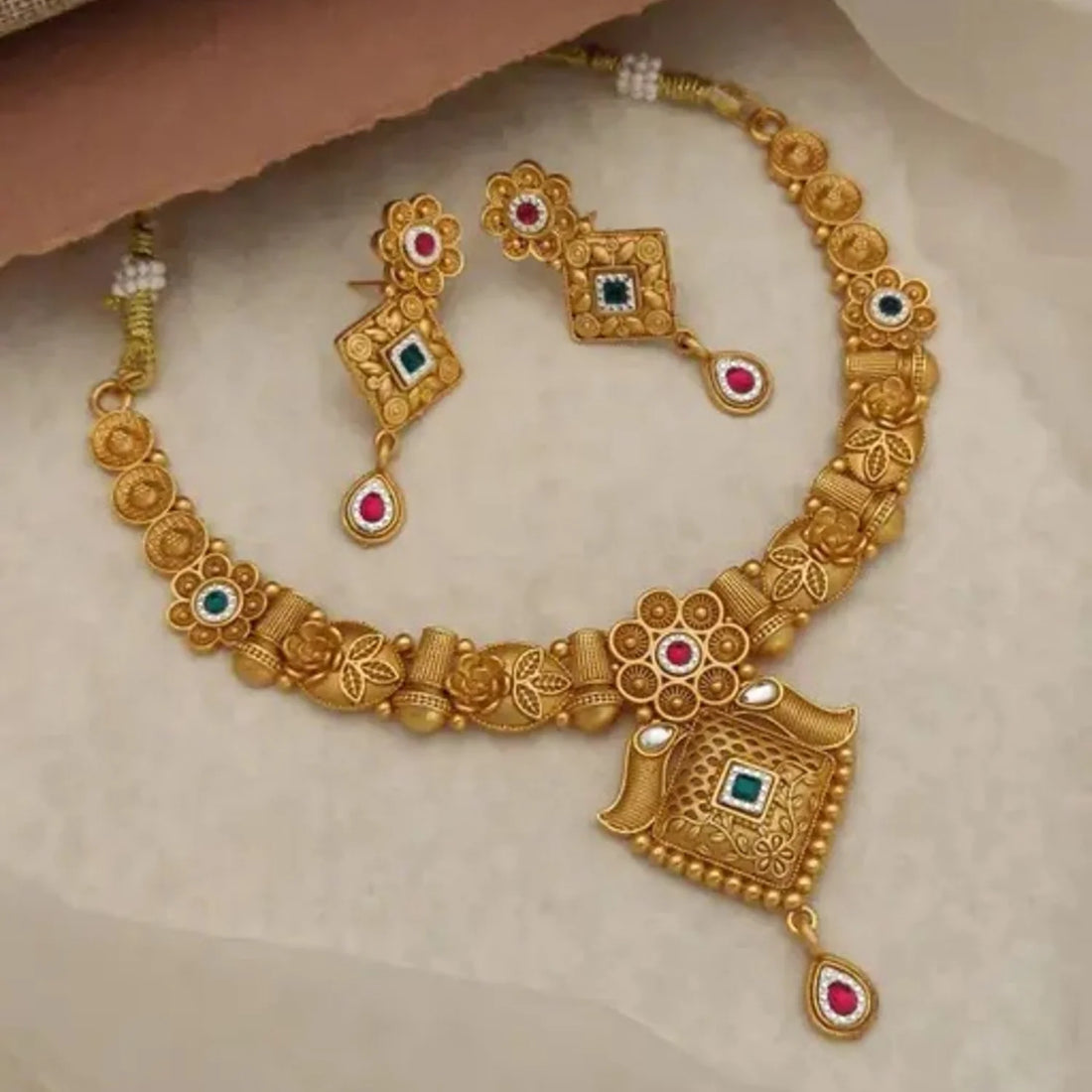 Rajwadi Antique Gold Plated South Indian Necklace Set