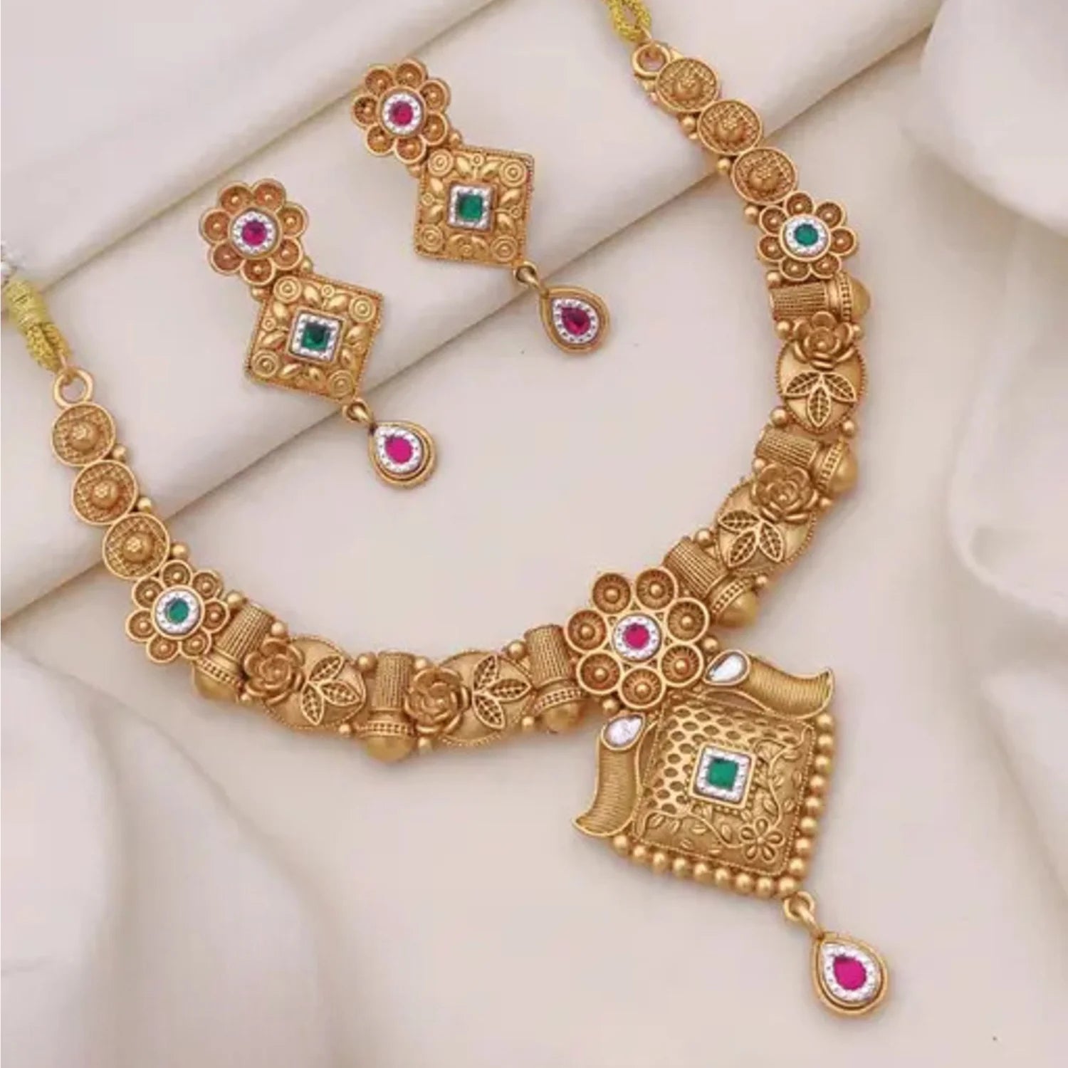 Rajwadi Antique Gold Plated South Indian Necklace Set