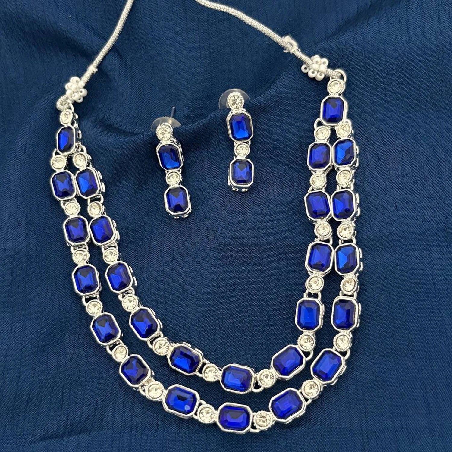 Blue Stone Silver Finish South Indian Necklace Set