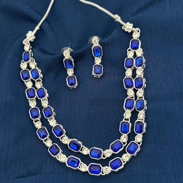 Blue Stone Silver Finish South Indian Necklace Set