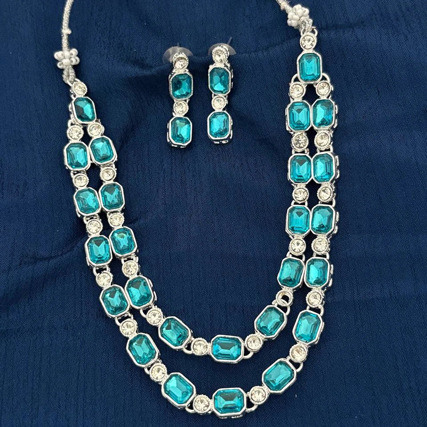 Elegant Firozi Stone South Indian Necklace Set with Earrings | Silver Finish Traditional Jewelry