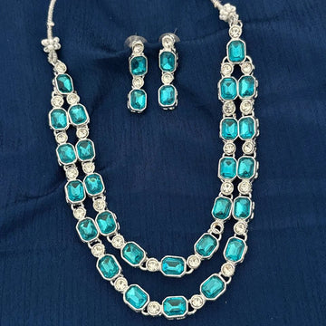 Elegant Firozi Stone South Indian Necklace Set with Earrings | Silver Finish Traditional Jewelry