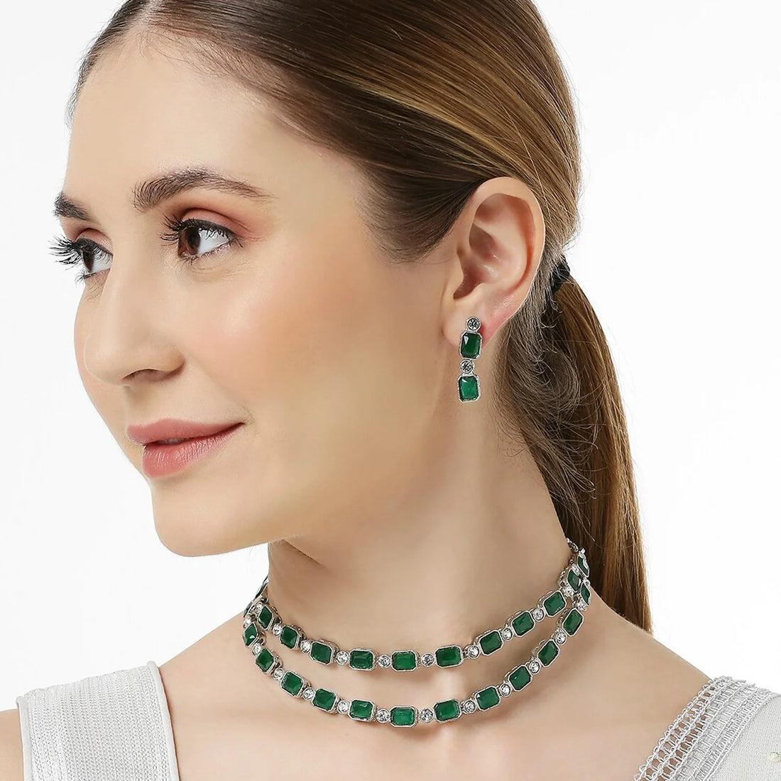 Luxurious Emerald Green South Indian Style Dual-Layer AD Necklace Set