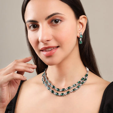 Luxurious Emerald Green South Indian Style Dual-Layer AD Necklace Set