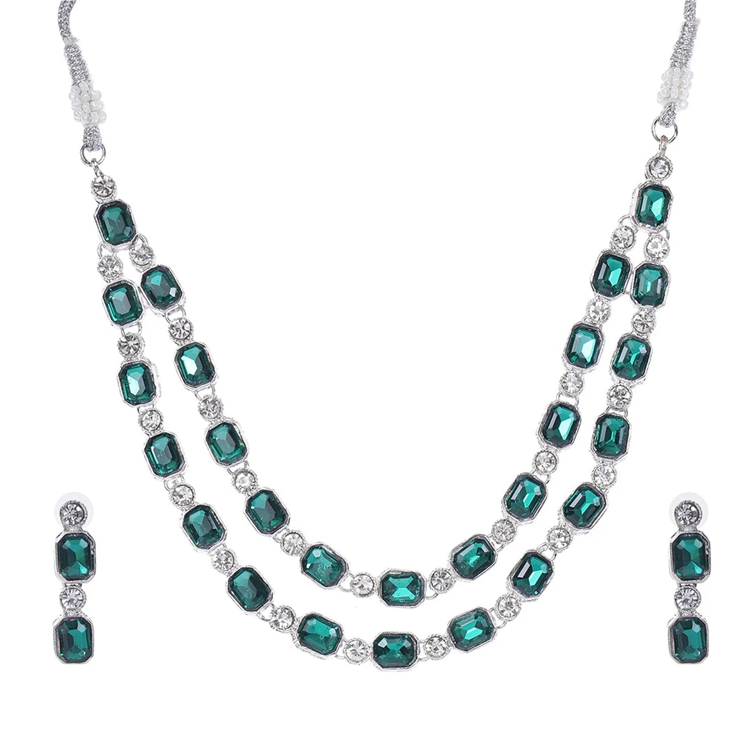 Luxurious Emerald Green South Indian Style Dual-Layer AD Necklace Set