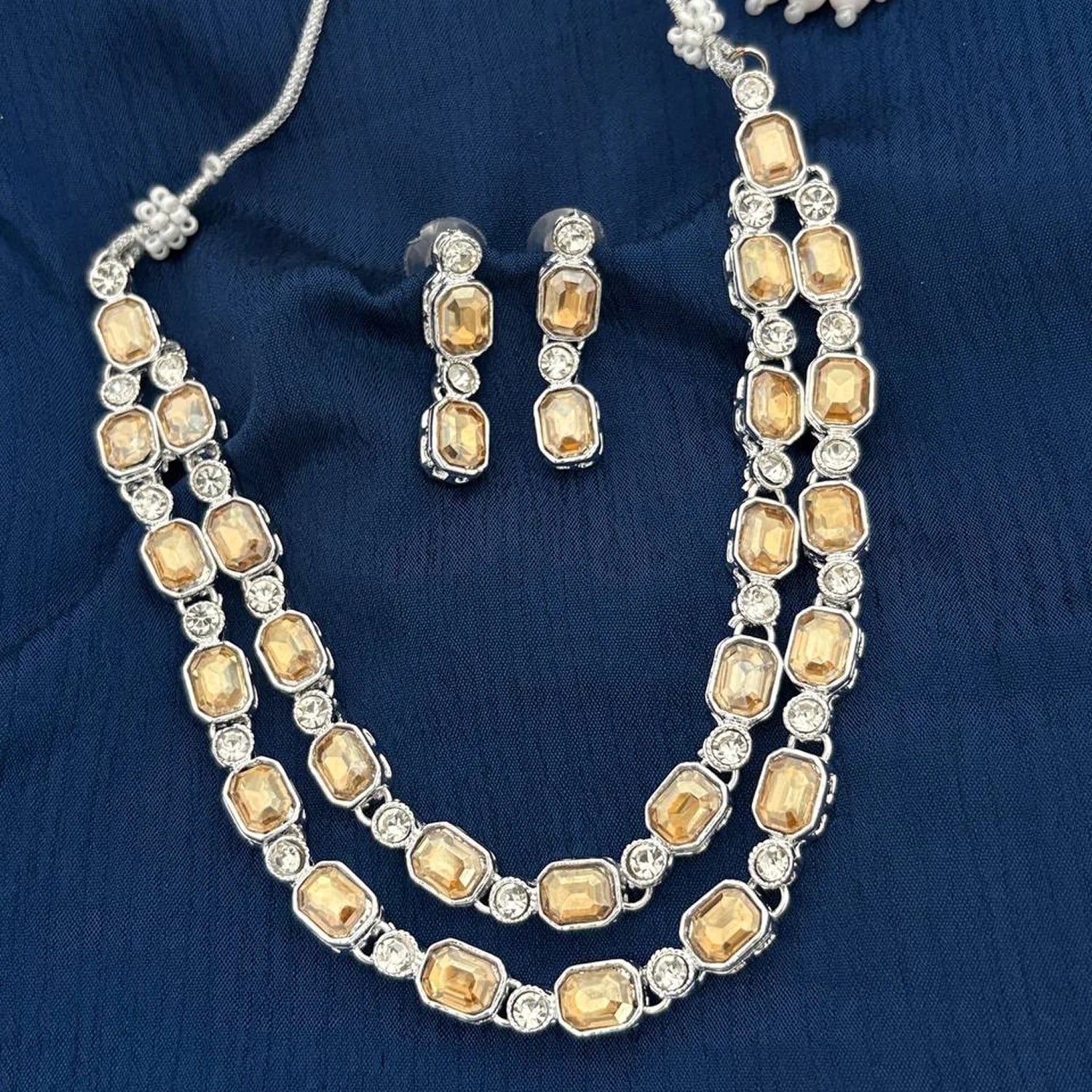 Silver Double Layer AD Stone South Indian Necklace Set