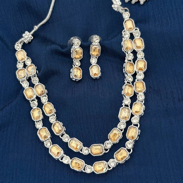 Silver Double Layer AD Stone South Indian Necklace Set