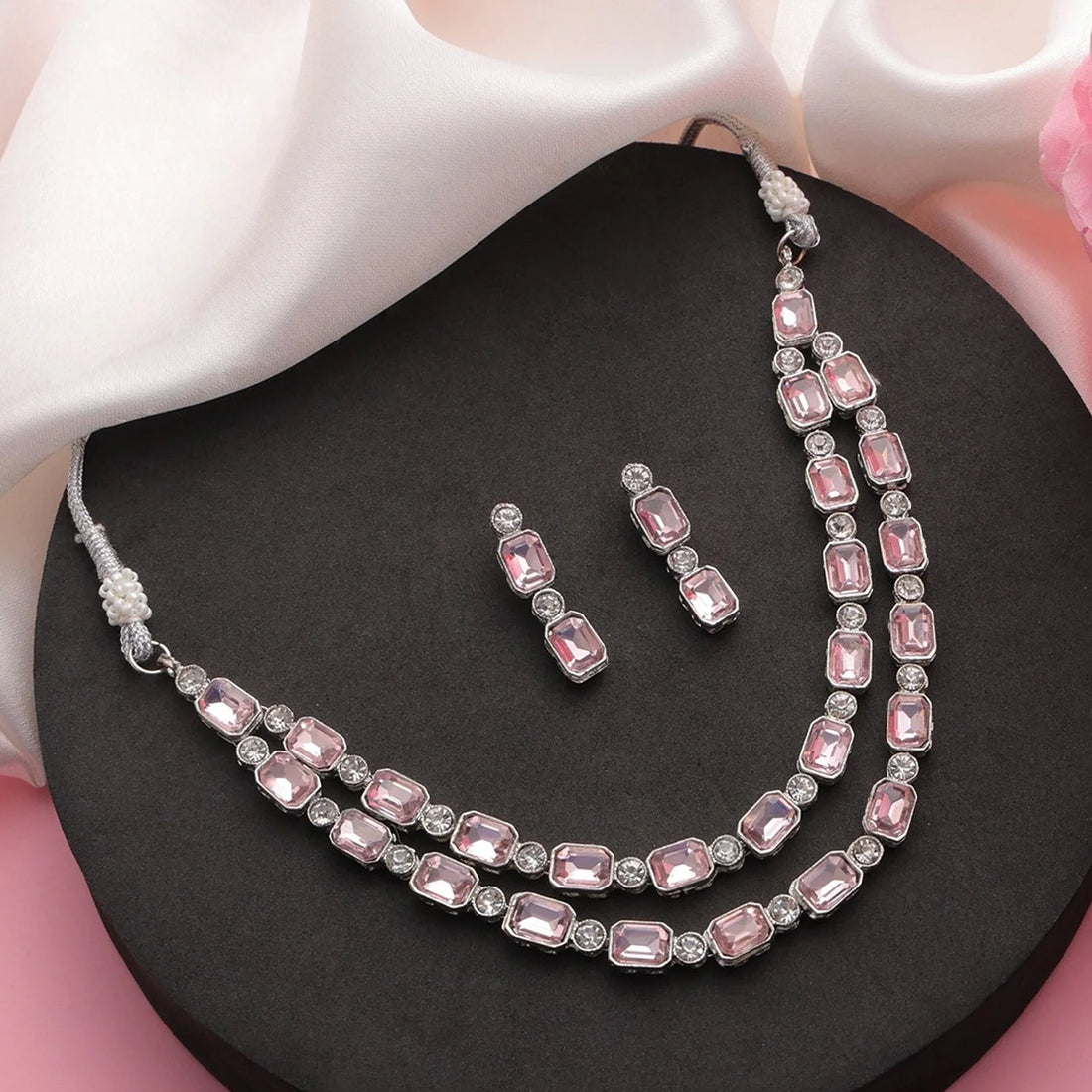 Pink Crystal Double Layer Silver Necklace Set