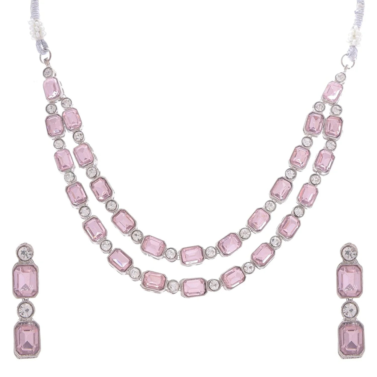 Pink Crystal Double Layer Silver Necklace Set