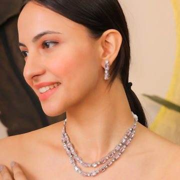 Pink Crystal Double Layer Silver Necklace Set
