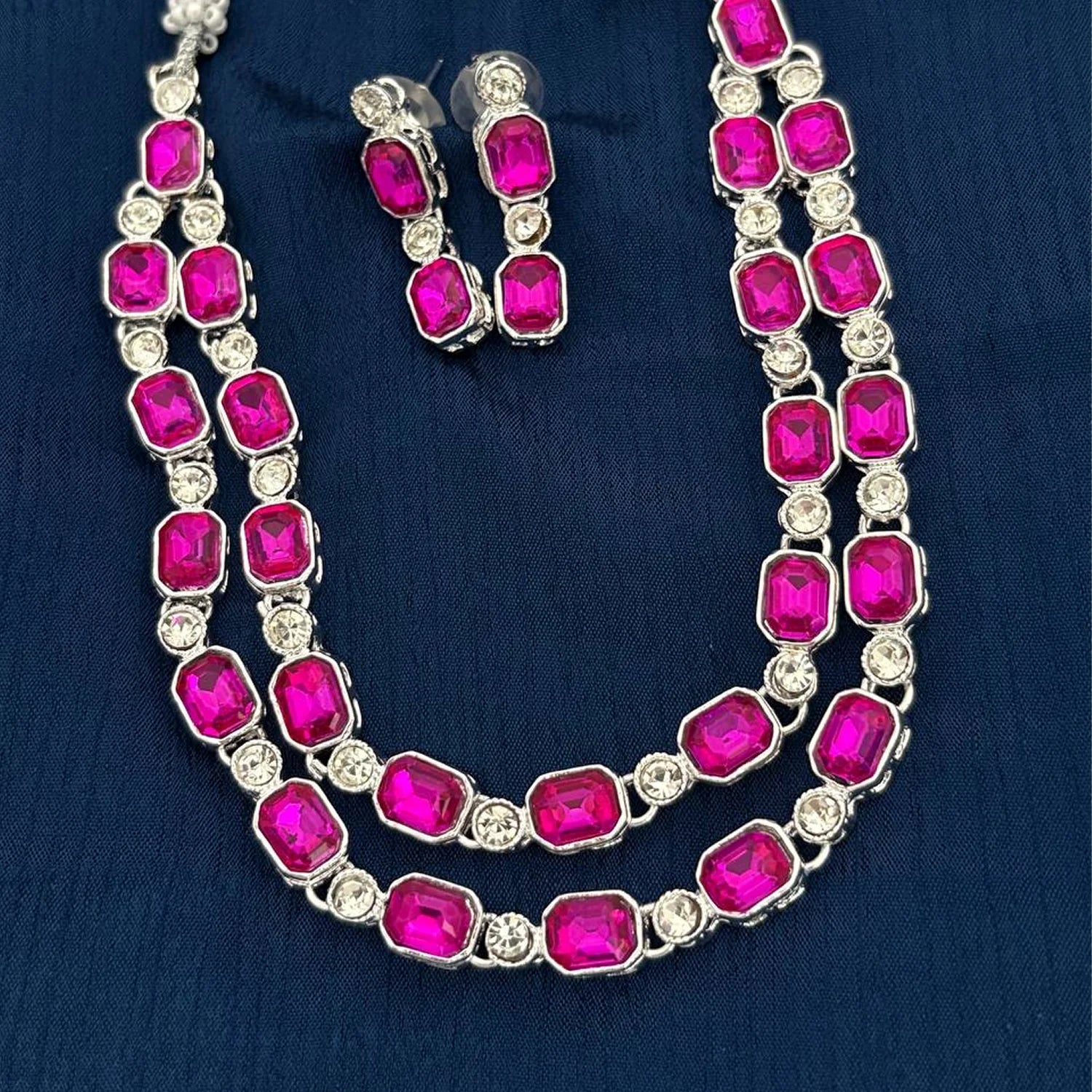 Rani Pink Double Layer Silver Necklace Set